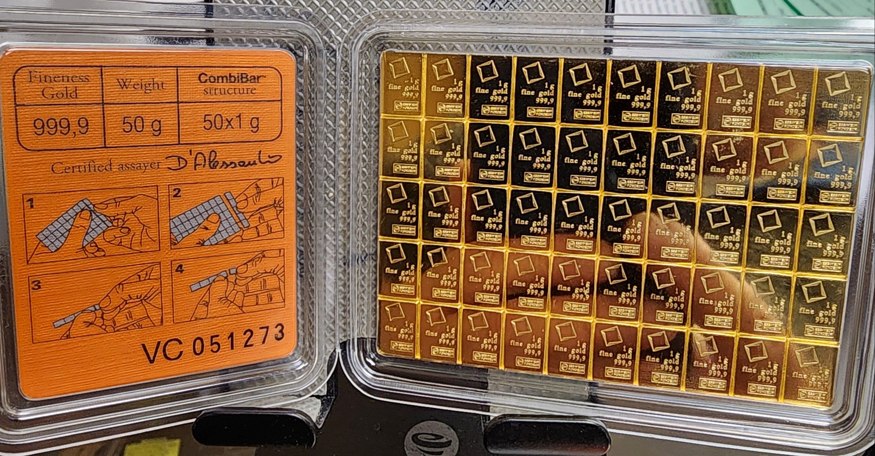 Valcambi, Suisse, CombiBar, 50 Grams .999 Gold bars, Store Sale#G0043.