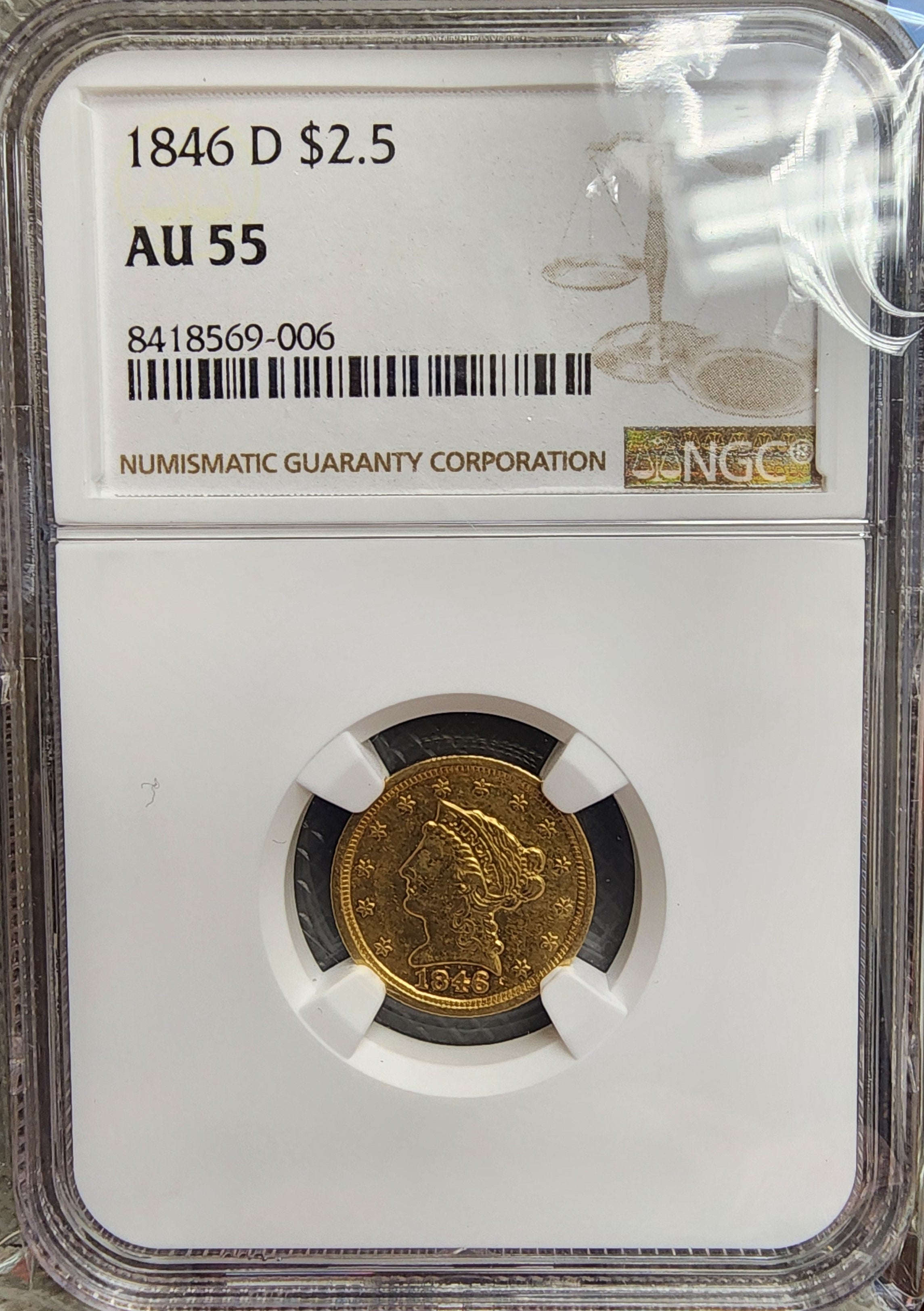 1846-D $2.50, Gold Quarter Eagle, DAHLONEGA Mint, NGC AU-55, Store Sale #G0143.