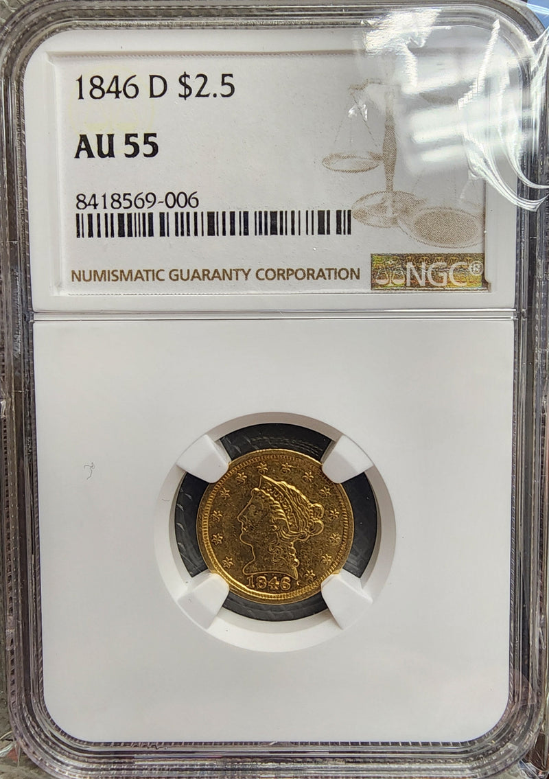 1846-D $2.50, Gold Quarter Eagle, DAHLONEGA Mint, NGC AU-55, Store Sale