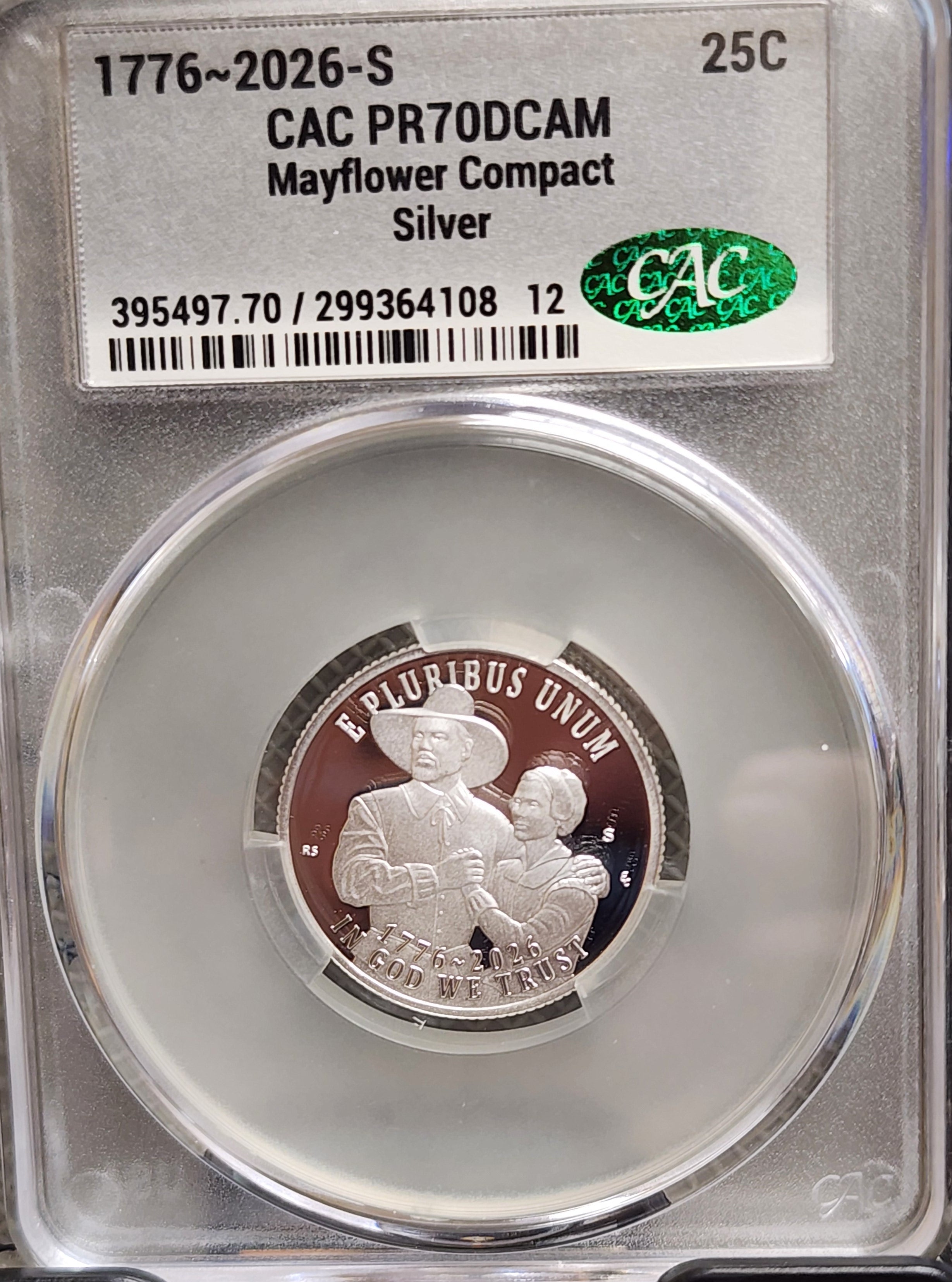 1776-2026-S Silver Mayflower Compact Quarter, CAC PR-70, Store #QR1942.