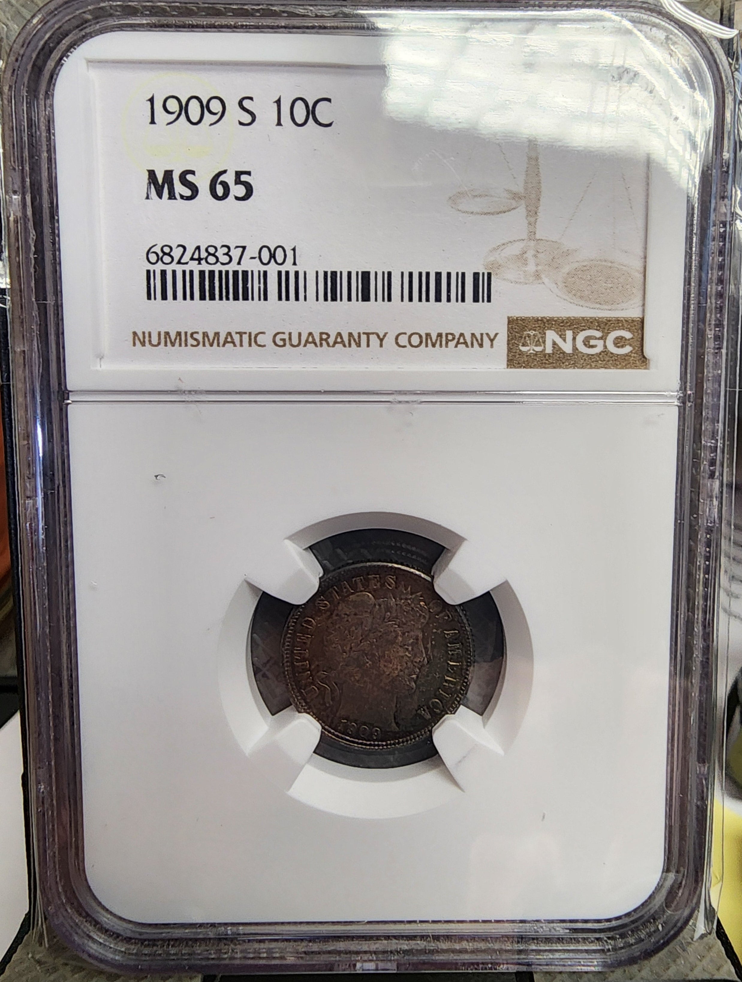1909-S Barber Silver Dime, Gem Mint State, NGC MS-65. Store Sale #DE0828.