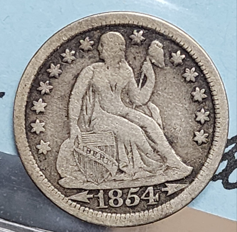 1854 Seated Liberty Dime, Collectible Circulated Coin, Store Sale