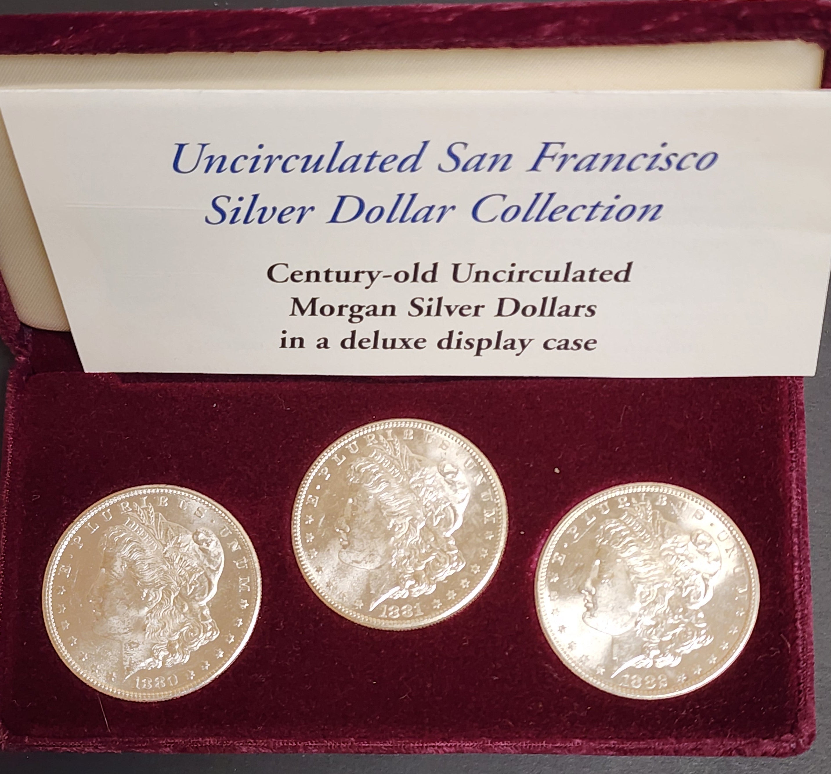 Morgan Silver Dollar, 3 Coin Set, Mint State Uncirculated Coins, Store #DR0206.