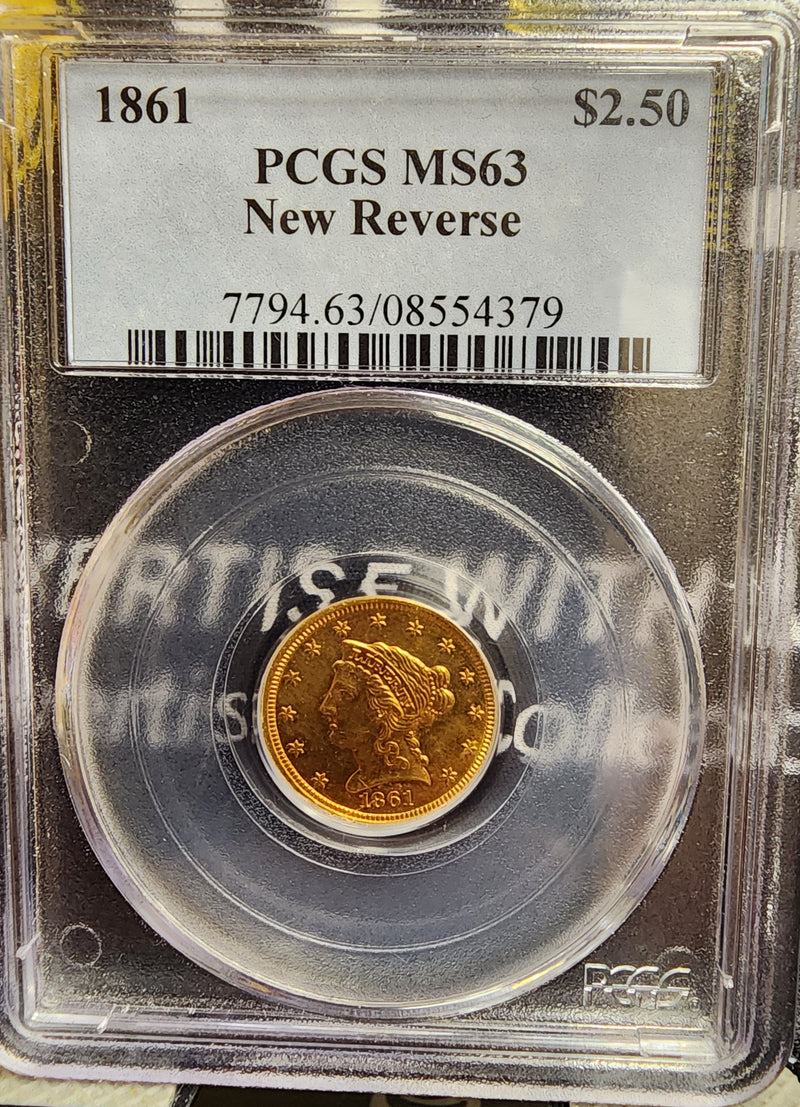1861 $2.50 Quarter Gold Eagle, New Reverse, PCGS MS-63, Store Sale