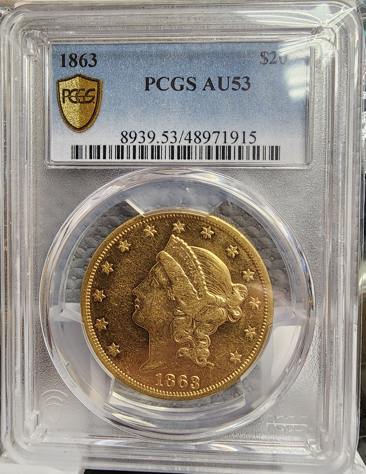 1863 $20 Gold Double Eagle, 'Civil War Date', PCGS AU-53, Store #G015.