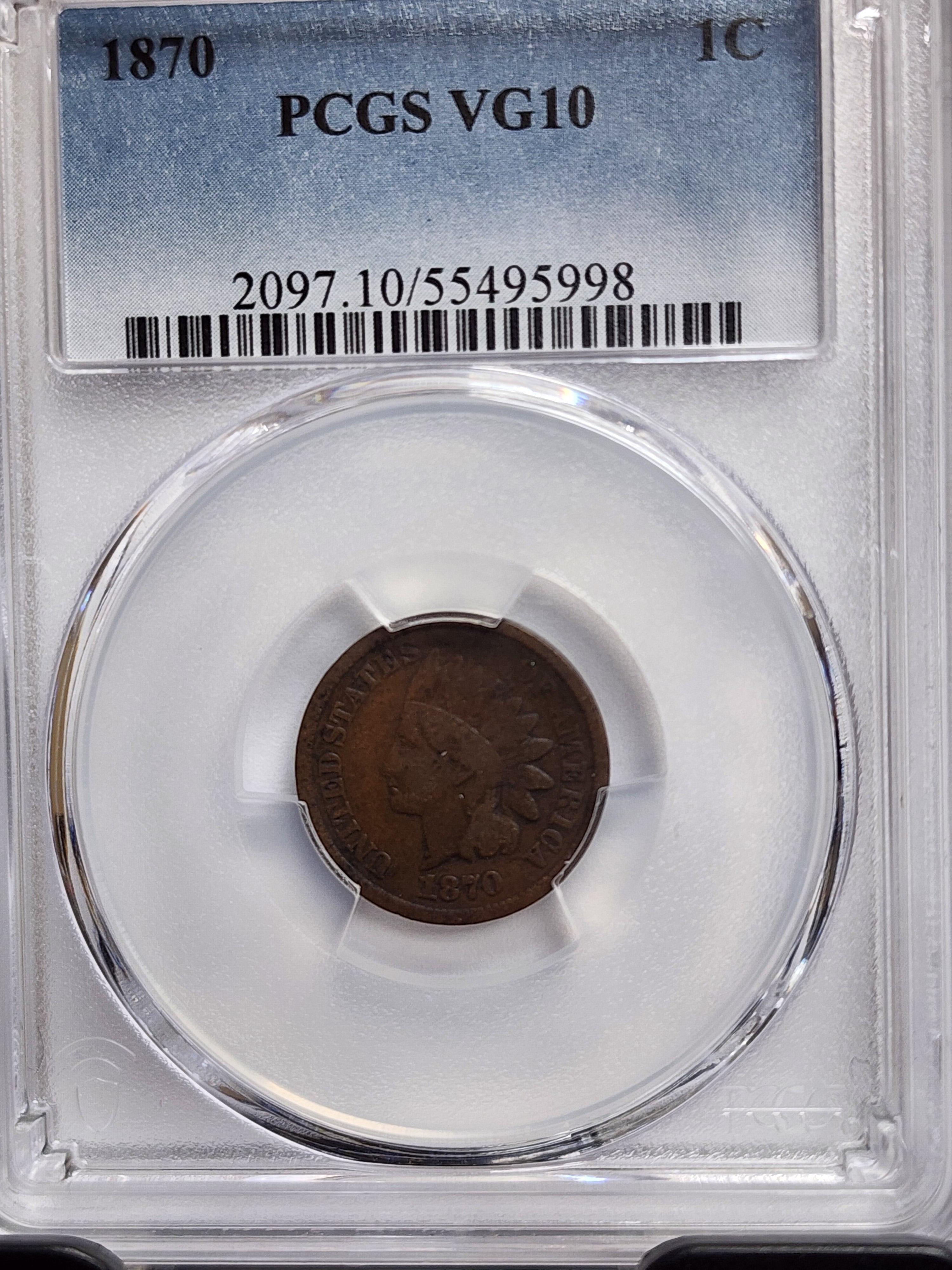 1870 Indian Head Cents, Better Date, PCGS VG-10, Store #CT0626