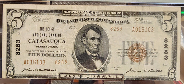 1929 $5 National, Catasauqua, PA, CH#8283, PMG VF-30,  Store #NBN020.