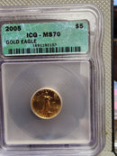 Various Date's, $5 Gold American Eagles, 1/10th OZT, ICG MS-70, Store Sale