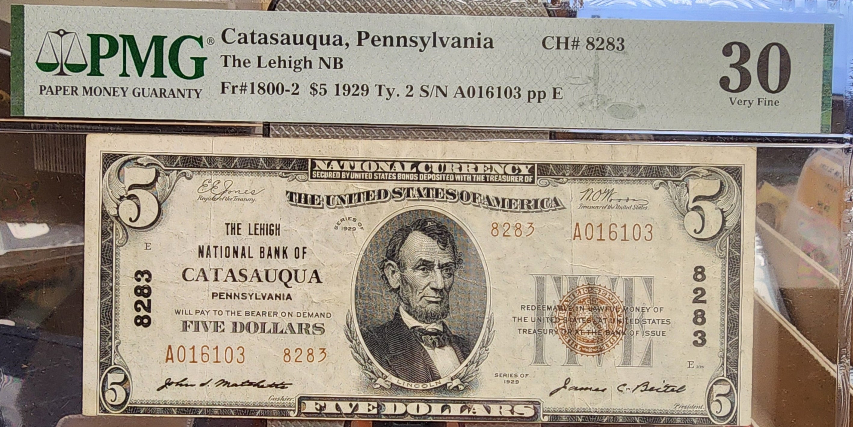 1929 $5 National, Catasauqua, PA, CH#8283, PMG VF-30,  Store #NBN020.