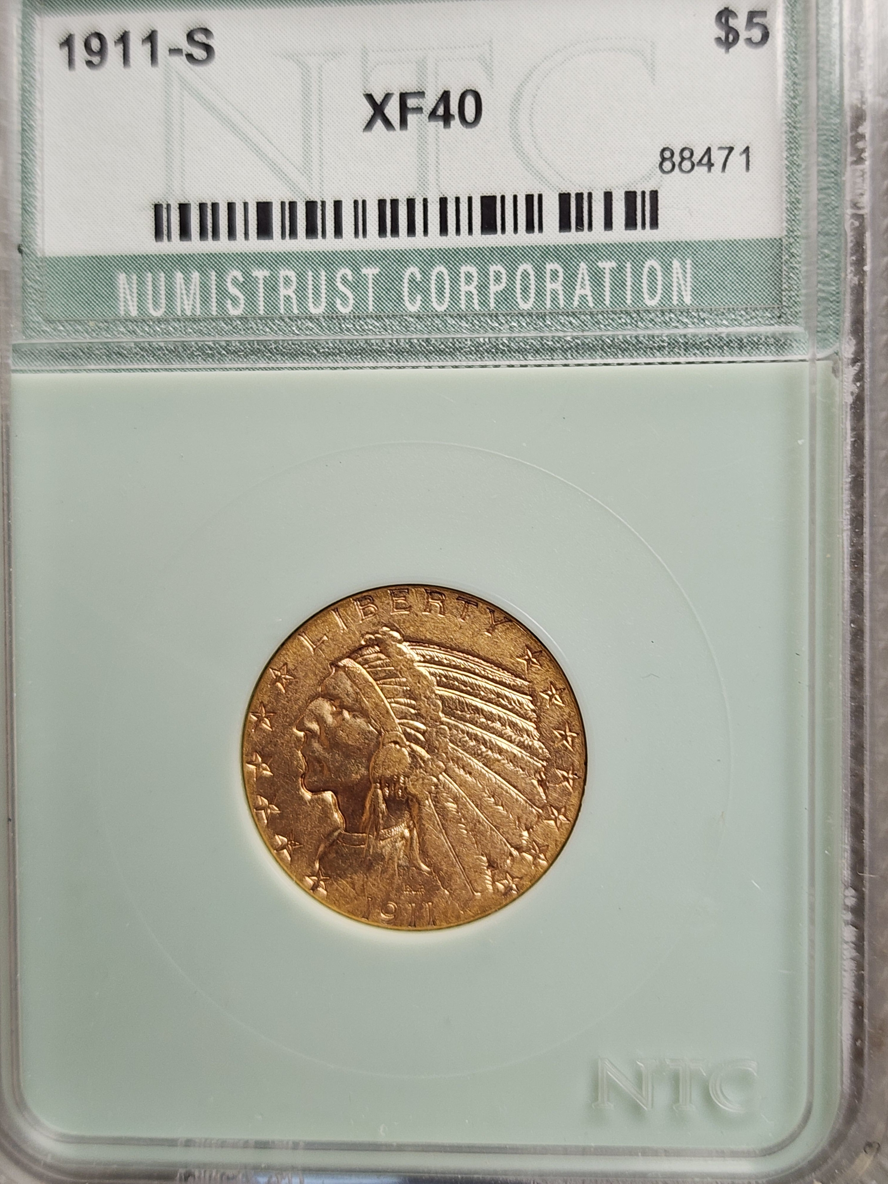 1911-S $5 Gold Indian, Quarter Eagle, Nice Extra Fine Circulated Coin, Store Sale #G0170.