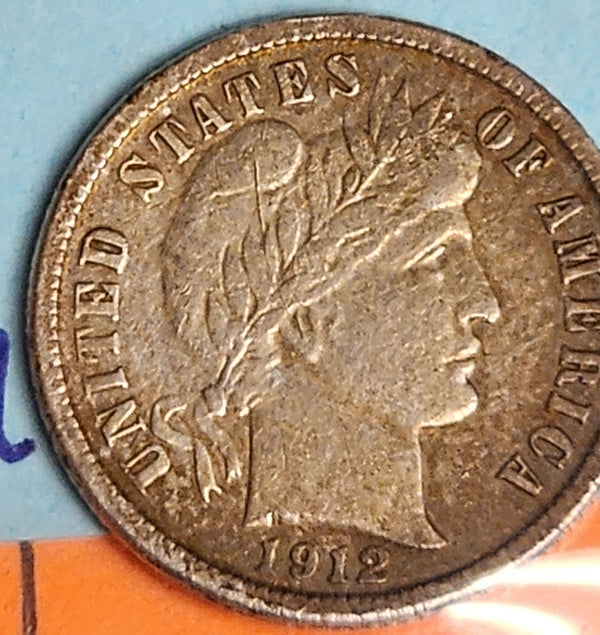 1912-D Barber Silver Dime., Very Fine., Circulated Coin., Store #1322