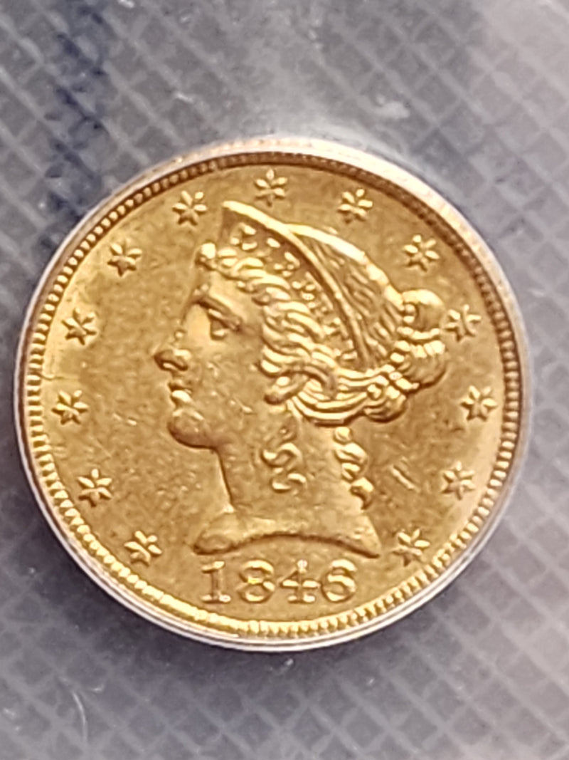 1846 $5 Half Gold Eagle, Large Date, ICG AU-58, Gold Coin, Store Sale