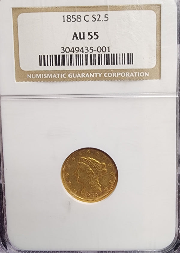 1858-C $2.50, Quarter Eagle, "Charlotte Mint', NGC AU-55, Store Sale #G0074.