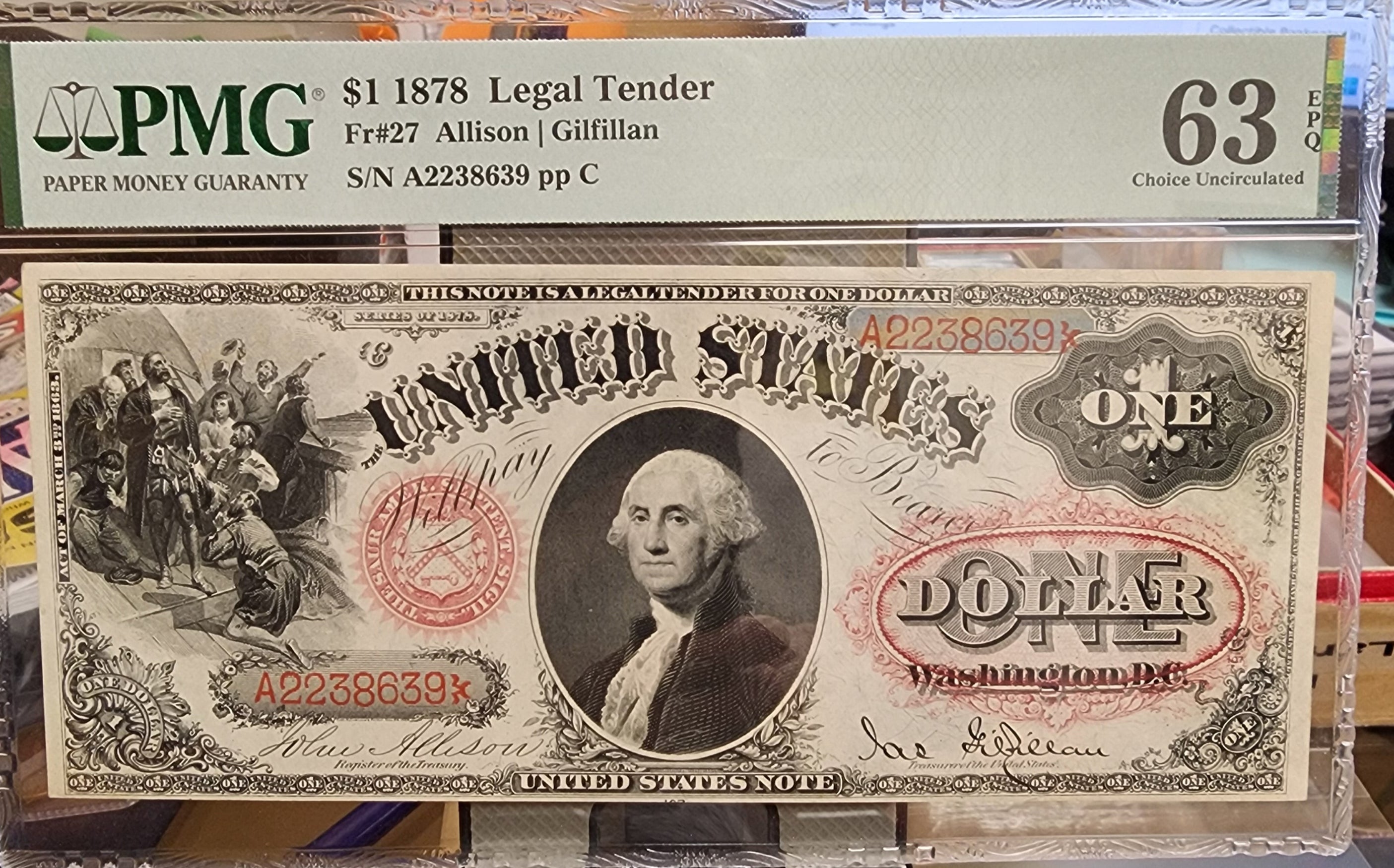 1878 $1 Legal Tender Note, Nice Bold Color, PMG CU-63, EPQ, Store #GLT020.