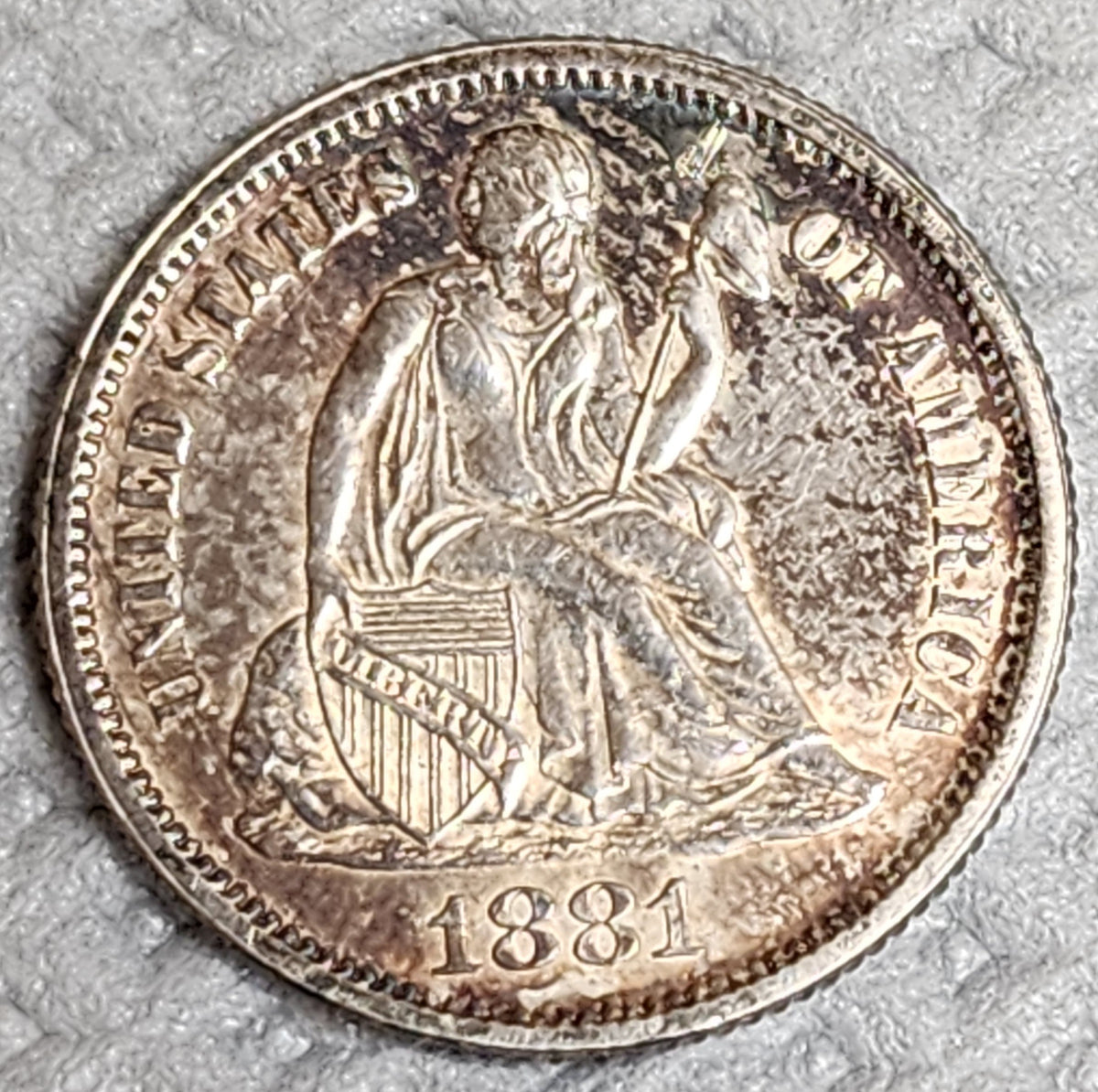 1881 Seated Liberty Silver Dime, Mint State, Uncirculated Coin, Store #DE108.