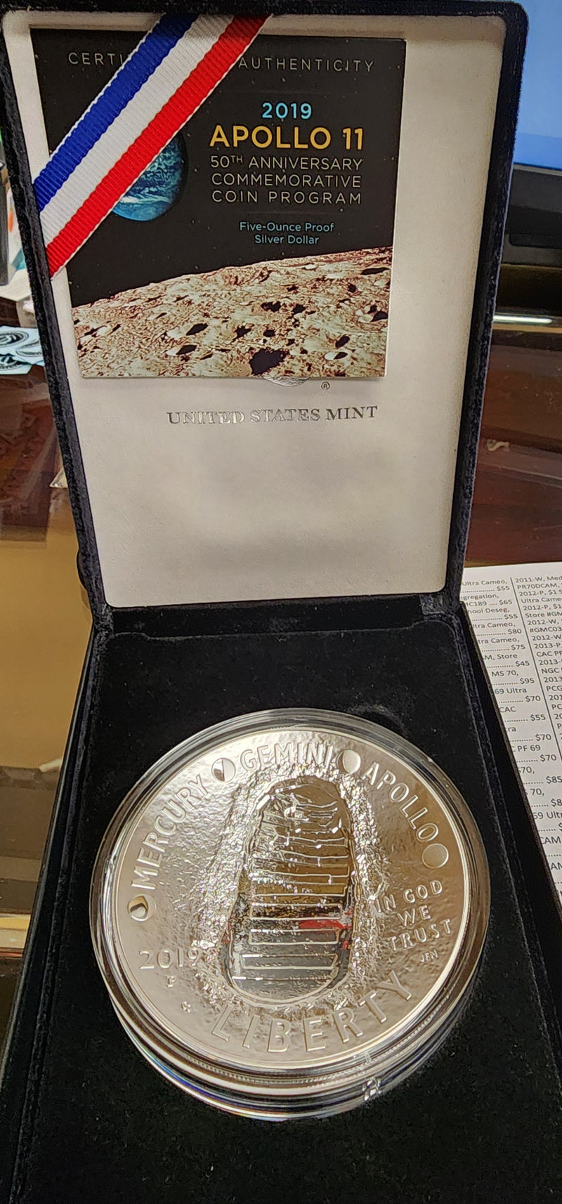 2019 Apollo-11 Commemorative, 5 OZT Coin, U.S. Mint Package, Store
