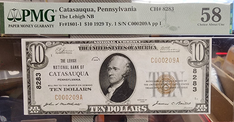1929 $10 National, Catasauqua, PA, CH#8283, PMG AU-58,  Store #NBN021.