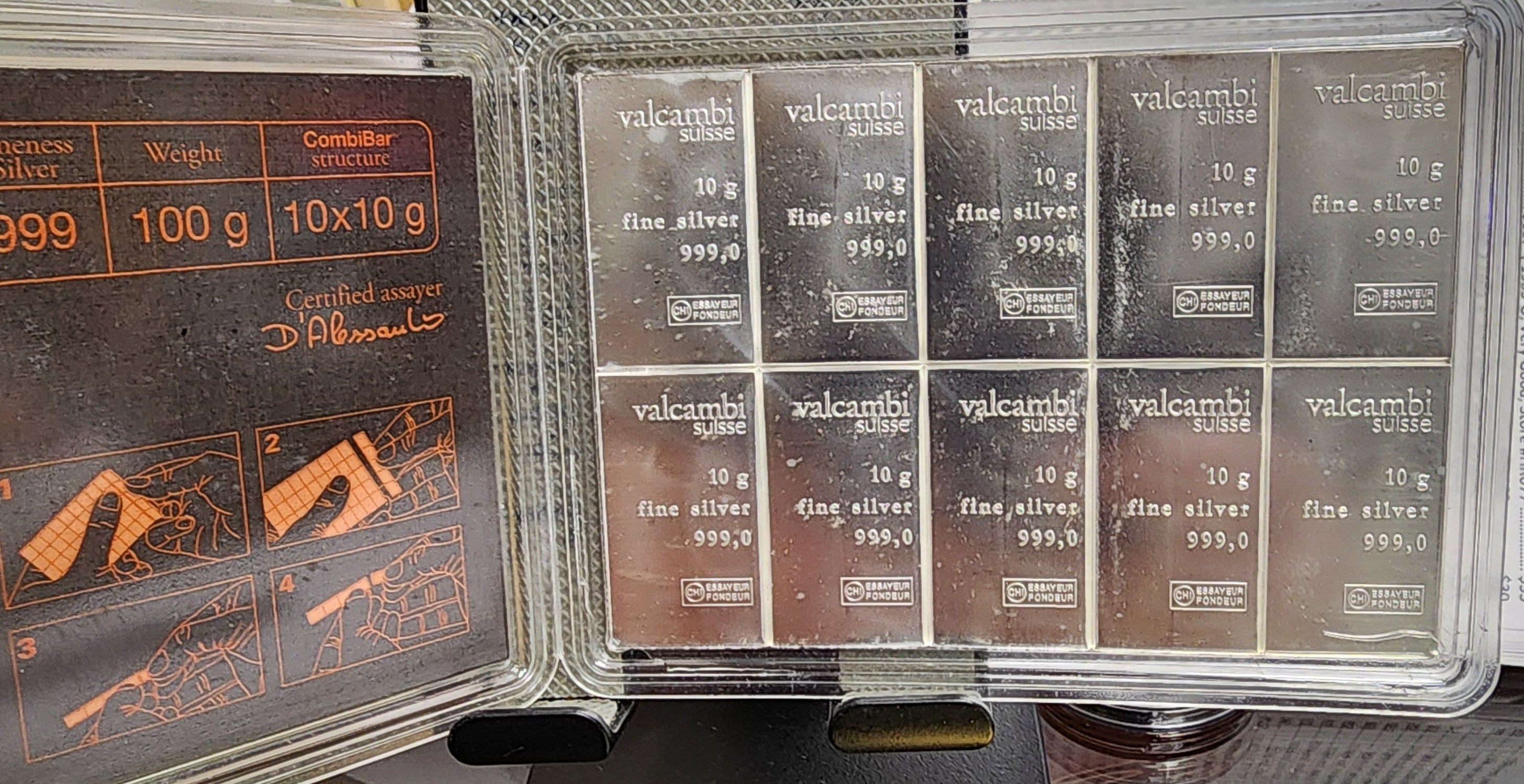 Valcambi Suisse, CombiBar, 100 Grams, 10 each 10 Gram Bar. Store #SR009.
