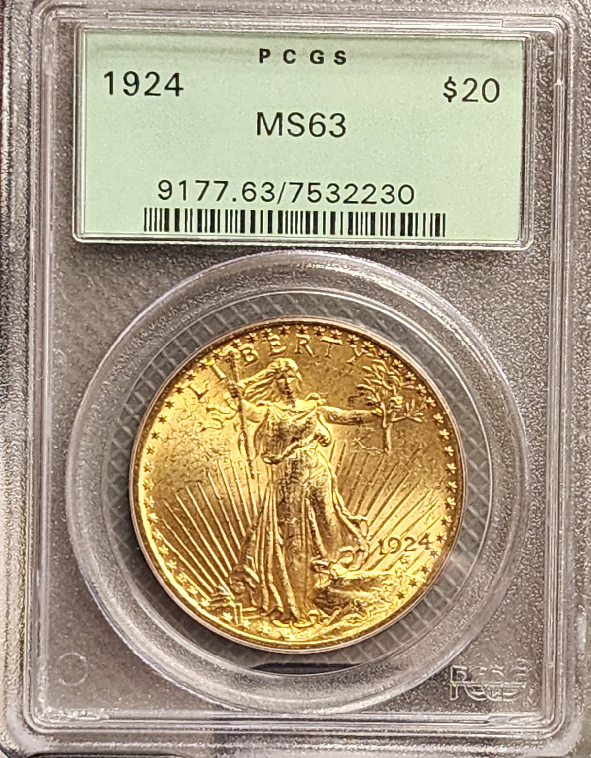 1924 $20 Gold Double Eagle, Saint, PCGS MS-63, Uncirculated Coin, Store #G0123.