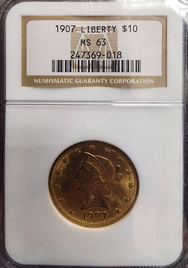 1907 $10, Gold Eagle, Certified and Graded, NGC MS-63, Store Sale #G0139.