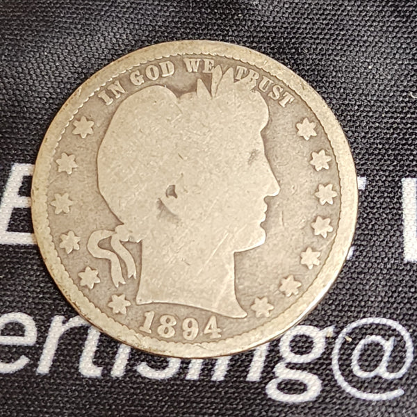1894-S Barber Silver Quarter., Good Circulated Coin, Store #QR0236