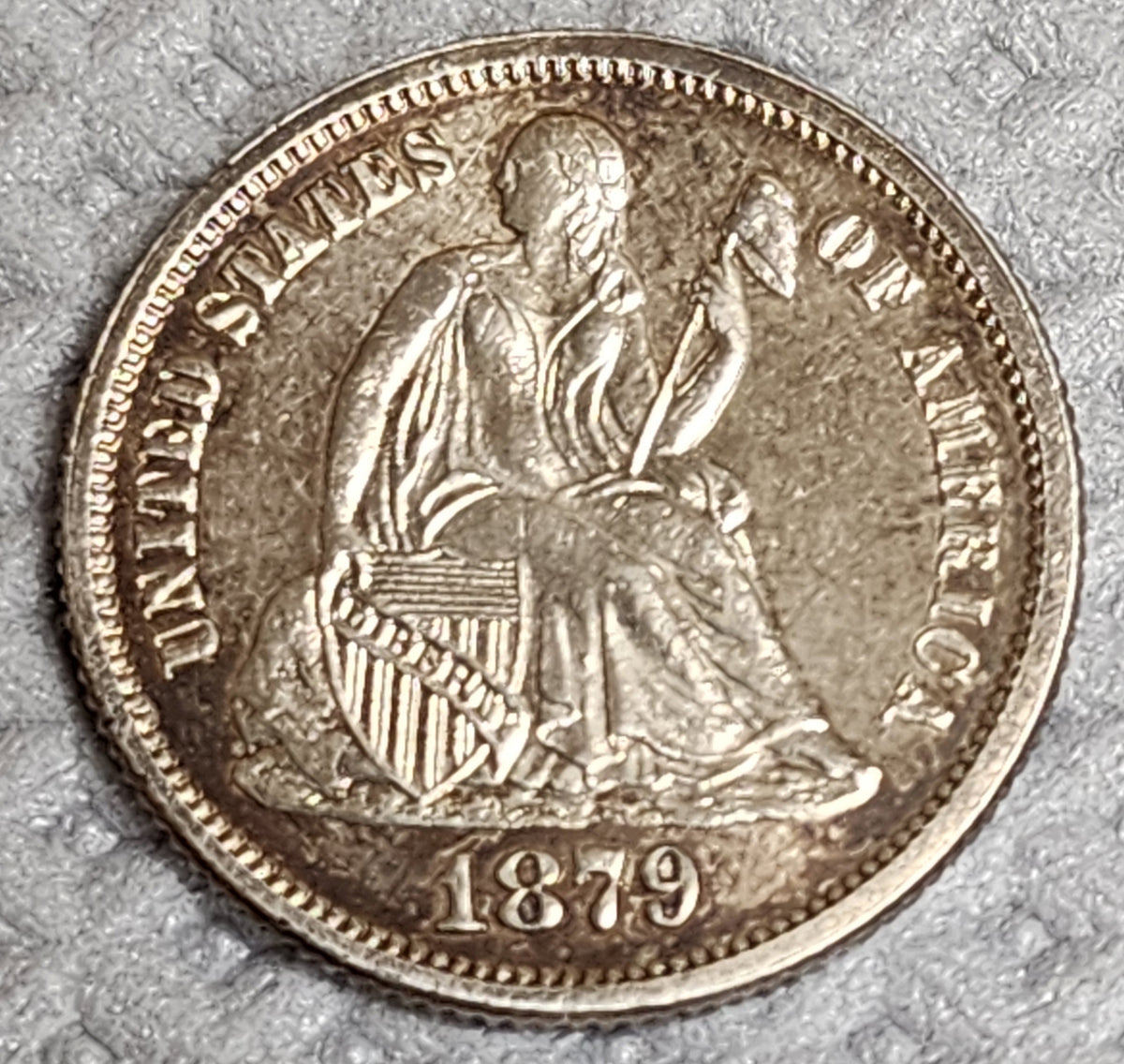 1879 Seated Liberty Silver Dime, Mint State, Uncirculated Coin, Store #DE107.