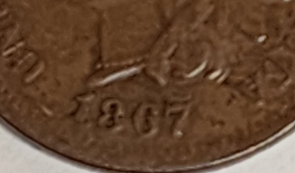1867 Indian Head Cent, Overdate, Extra Fine Circulated Coin, Store #CT0545