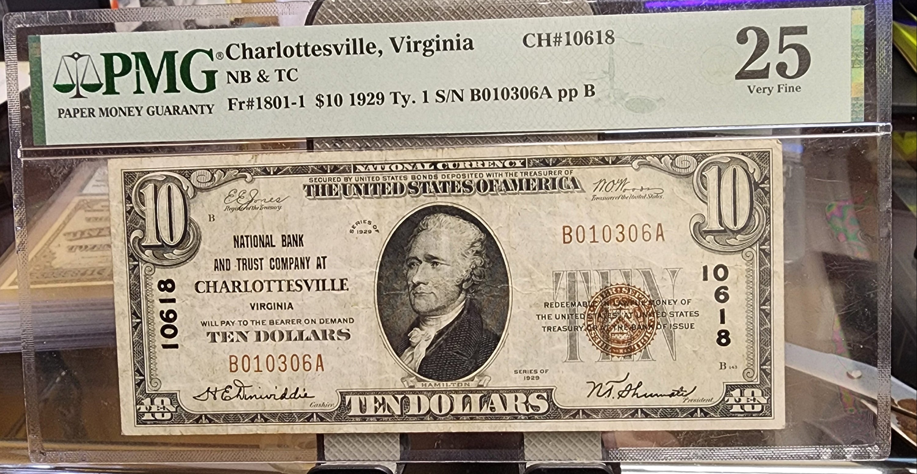1929 $10, Charlottesville, VA, FR# 1801-1, CH# 10618, PMG VF-25, Store #NBN025.