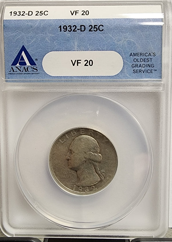 1932-D Washington Silver Quarter, ANACS VF-20, Store Sale #GQR045.