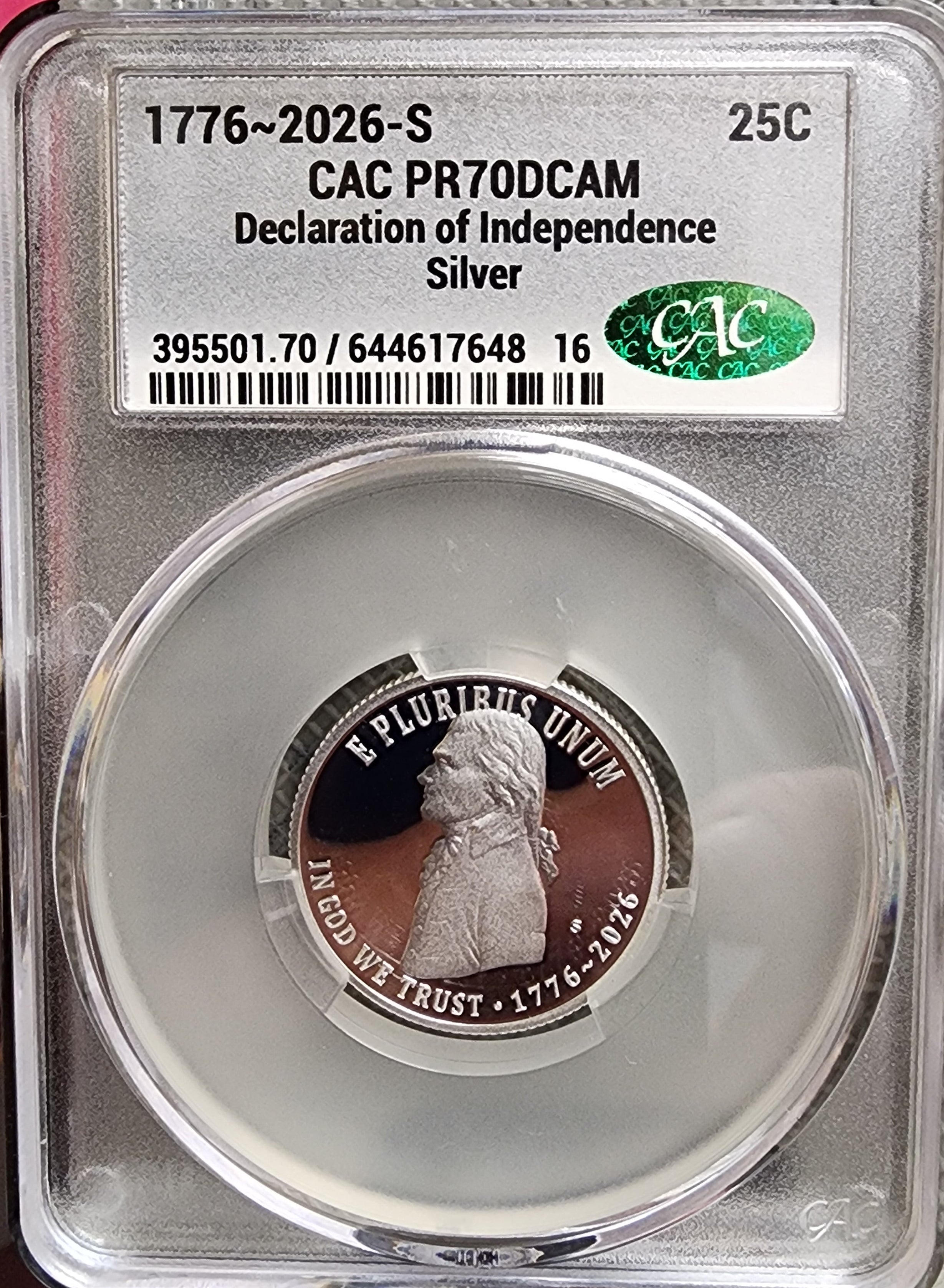 1776-2026-S Silver, Declaration of Independence Quarter, CAC PR-70, Store#QR1943.