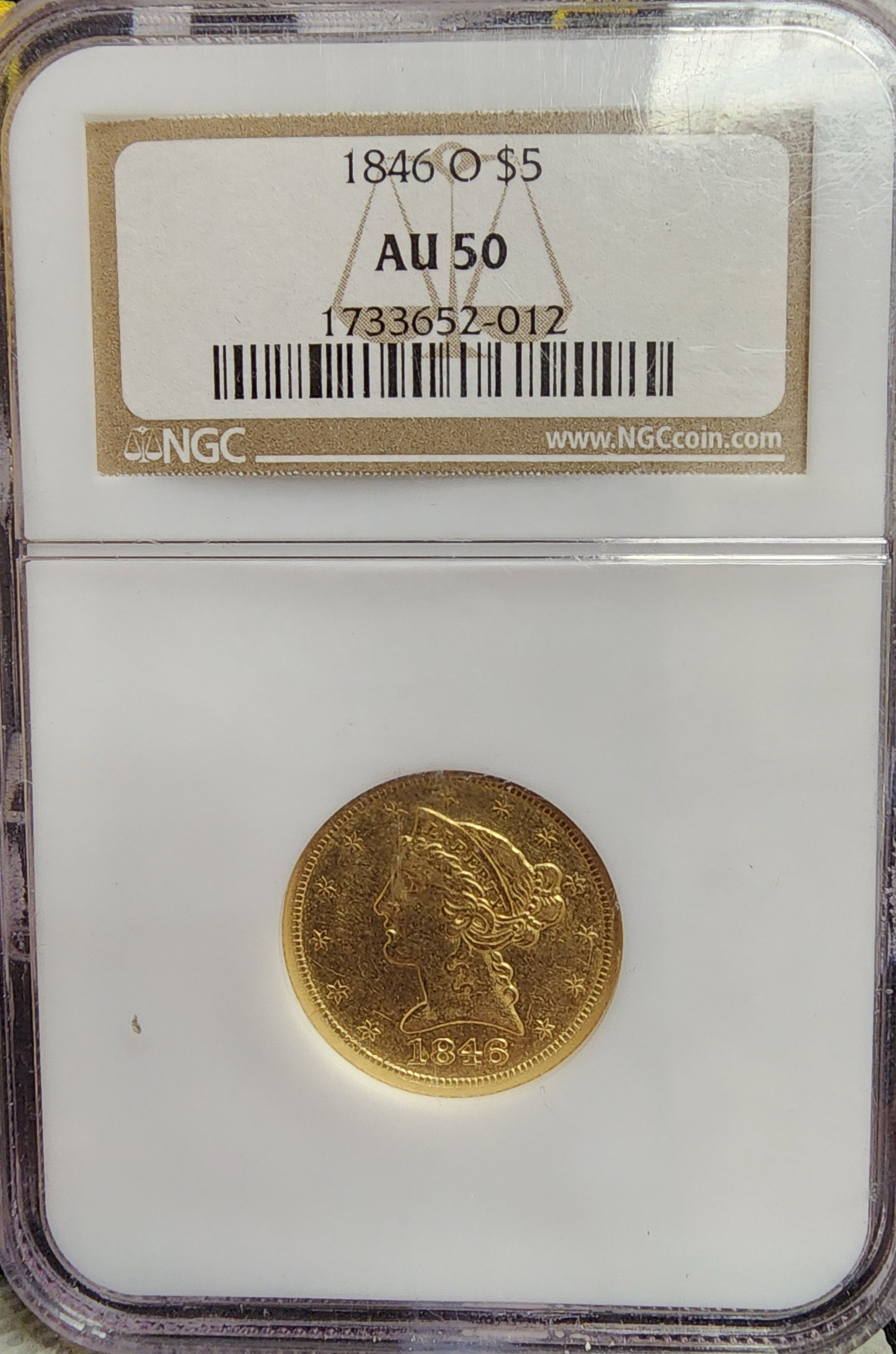 1846-O $5 Gold Half Eagle, Low Mintage, NGC Graded AU-50, Store Sale#G0075