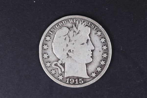 1915 Barber Half Dollar, Very Good Circulated Coin. Store #HR427