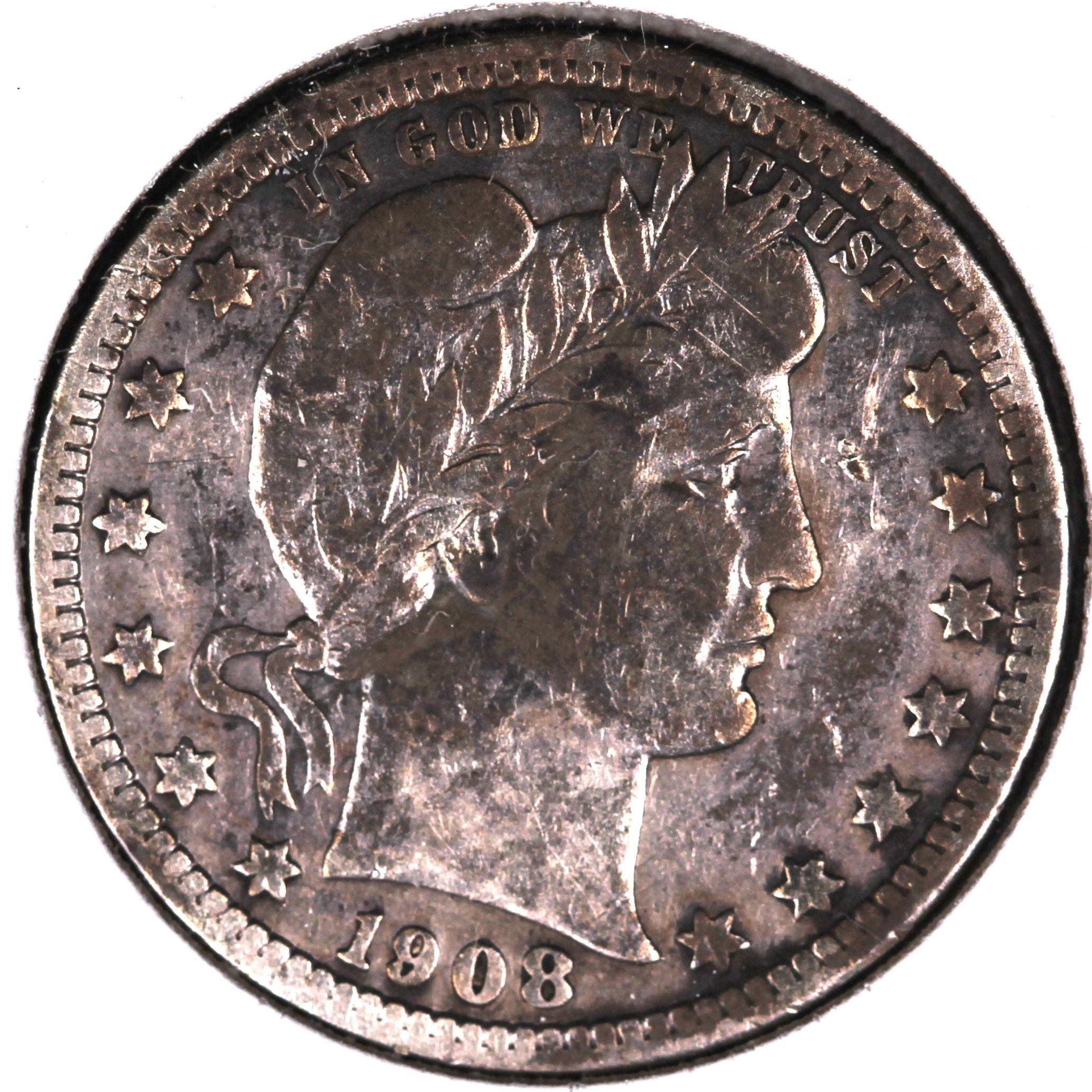 1908-D Barber Silver Quarter, Very Good Circulated Coin, Store #QR1515.