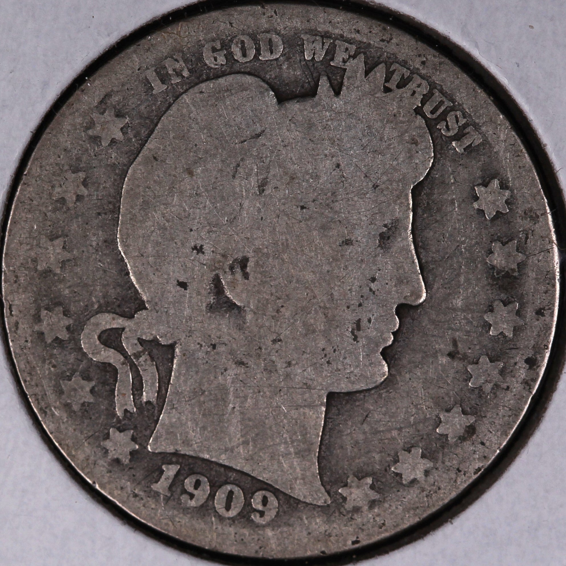 1909-D Barber Silver Quarter, About Good Circulated Coin, Store #QR1521.