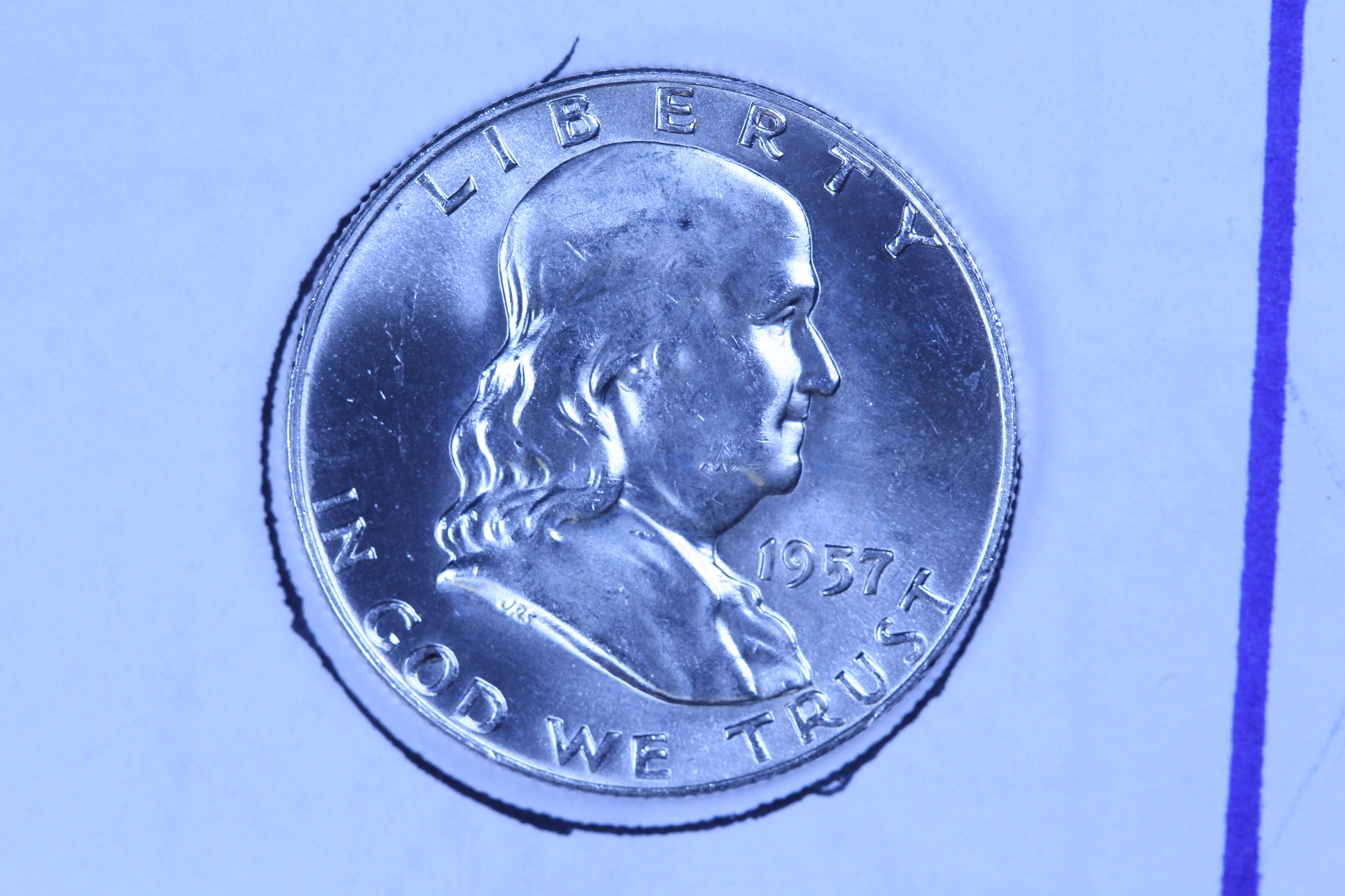 1957-D Franklin Half Dollar, Uncirculated. Gem Eye Appeal. Store #10886