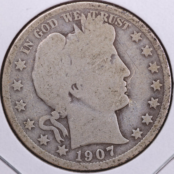 1907-D Barber Half Dollar, Very Good Circulated Coin. Store #HR373