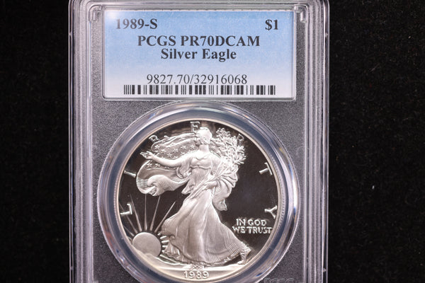1989-S American Silver Eagle, Early Date Certified PCGS PF-70. Store #08738