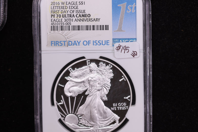 2016-W American Silver Eagle, First Day of Issue, Lettered Edge, NGC PF70 Ultra Cameo, Store