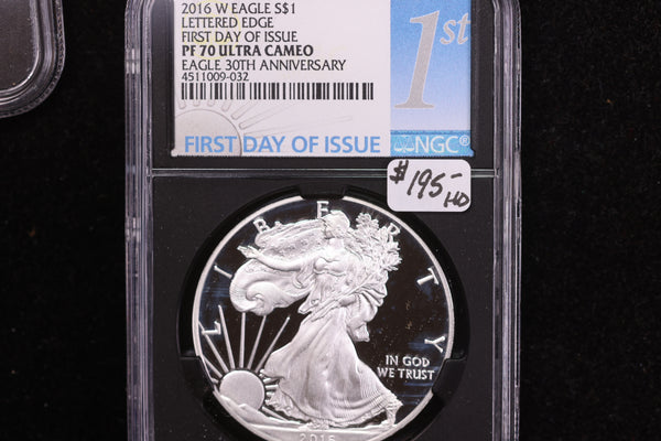 2016-W American Silver Eagle, First Day of Issue, Lettered Edge, NGC PF70 Ultra Cameo, Store #12179