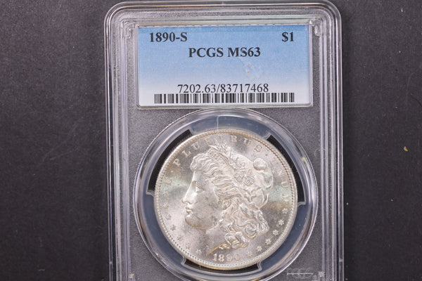 1890-S Morgan Silver Dollar, Blast White, Eye appeal. Store #08875