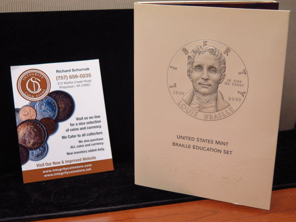 2009-P Braille Education Set with Louis Braille UNC Silver Dollar Commemorative. In Original Government Packaging. Store # 12386