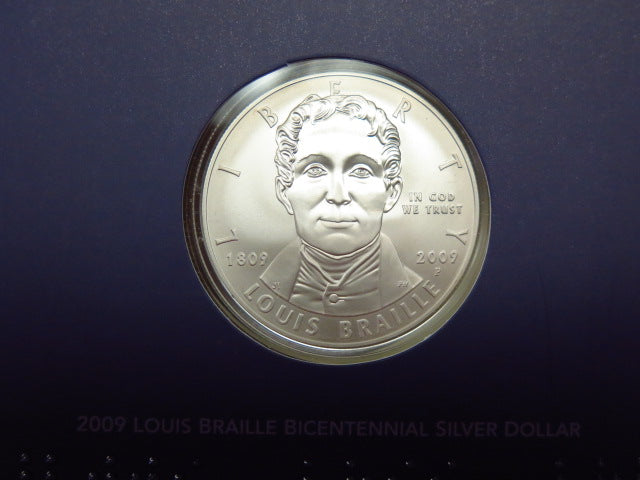 2009-P Braille Education Set with Louis Braille UNC Silver Dollar Commemorative. In Original Government Packaging. Store