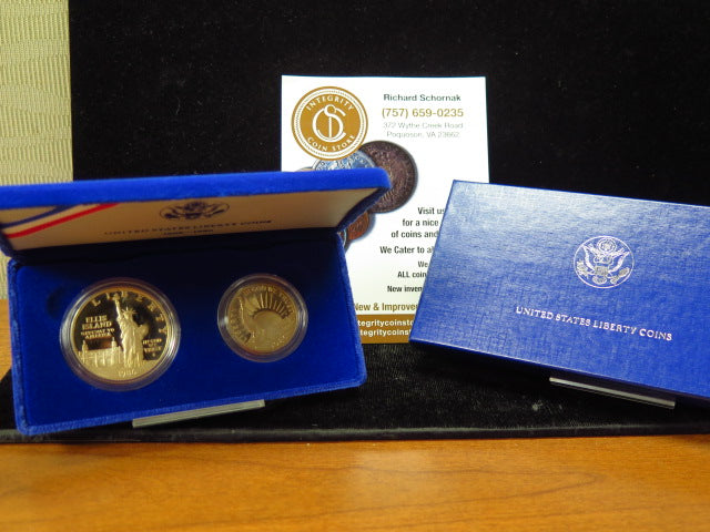 1986-S Ellis Island Silver Proof Dollar and Clad Proof Half Dollar Commemorative. In Original Government Packaging. Store