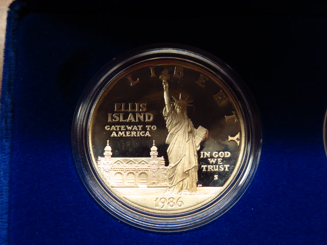 1986-S Ellis Island Silver Proof Dollar and Clad Proof Half Dollar Commemorative. In Original Government Packaging. Store