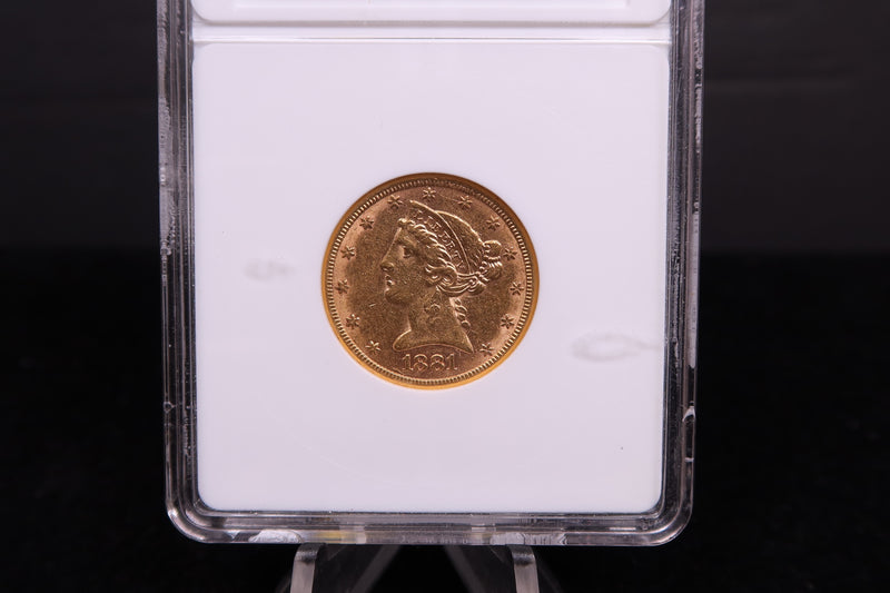 1881 $5 Half Eagle. ANACS Holder, AU-50. Repunched Date.