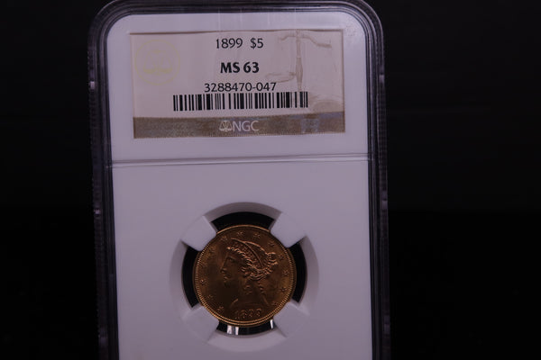 1899 $5 Half Eagle, NGC Graded, MS-63. Nice Eye Appeal.