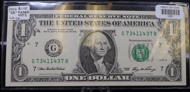 2006 Federal Reserve Note. "GB" 'Radar Note'. Choice UN-Circulated.