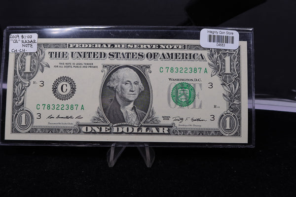 2009 $1 Federal Reserve Note. Crisp UN-Circulated. "Radar Note", Store #4683