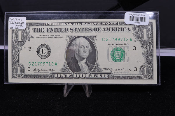1969 $1 Federal Reserve Note. "CA" Radar Note, Crisp UN-Circulated. Store #4686