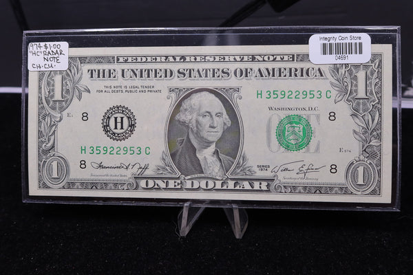 1974 $1 Federal Reserve Note. "HC" Radar Note, Crisp UN-Circulated. Store #04691